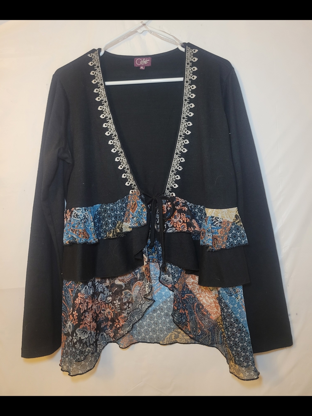 Cato Black Layered Ruffle Cardigan with Blue Paisley Trim
